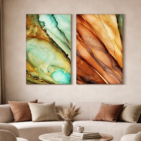Conjunto 2 Quadros Decorativos Pintura Abstrata Sofisticado em Tecido Canvas pra Sala Quarto 60x90cm