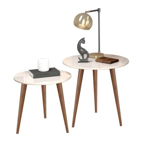 Conjunto Mesa Theo Mesa Centro MDF 60cm Off White Basoto Brasil