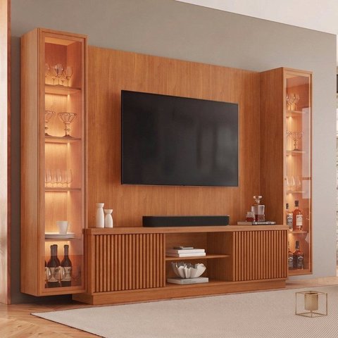 Rack com Painel com 2 Cristaleiras para TV até 75 Polegadas Ripado LED 100% MDF 190,5x294cm Valência