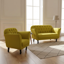 Ver imagem 1 de Kit Namoradeira + 1 Poltrona Decorativa Dália Couro Amarelo Pés Madeira Mz Decor