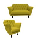 Ver imagem 3 de Kit Namoradeira + 1 Poltrona Decorativa Dália Couro Amarelo Pés Madeira Mz Decor