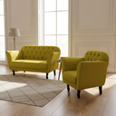 Ver imagem 2 de Kit Namoradeira + 1 Poltrona Decorativa Dália Couro Amarelo Pés Madeira Mz Decor