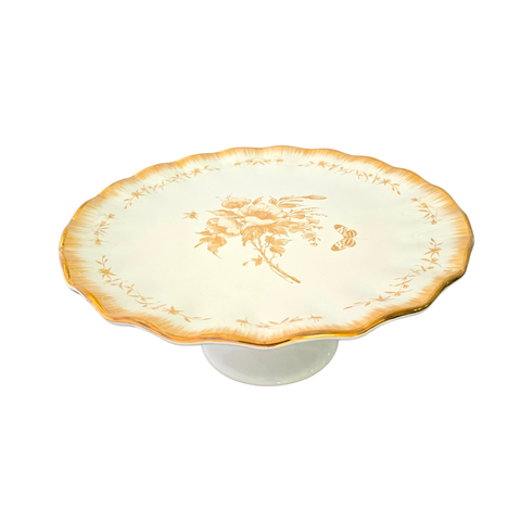 Prato Porta Bolo/torta com Pé - Floral -fio Ouro