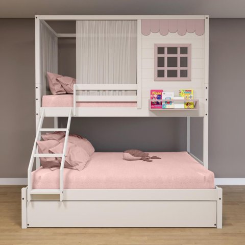 Treliche Casinha Reta Casal/ Solteiro com Cortina Madeira Maciça Branco/ Rosa Housin