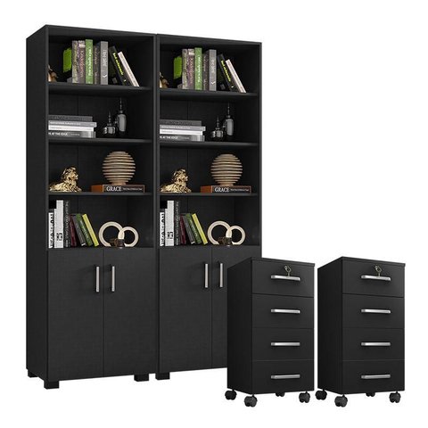 Kit 2 Gaveteiros para Escritório Gávea com Chave e 2 Livreiros Office com Portas Pequenas Preto Fosc