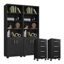 Ver imagem 1 de Kit 2 Gaveteiros para Escritório Gávea com Chave e 2 Livreiros Office com Portas Pequenas Preto Fosc