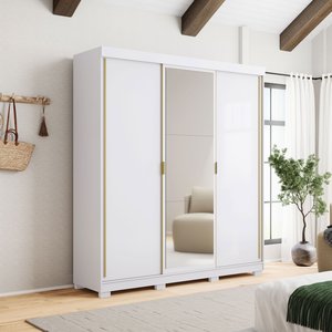 Guarda Roupa Casal 2 M Porto 3 Portas de Correr com Espelho: Branco/camarim
