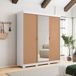 Guarda Roupa Casal 2 M Porto 3 Portas de Correr com Espelho: Branco/camarim - 7