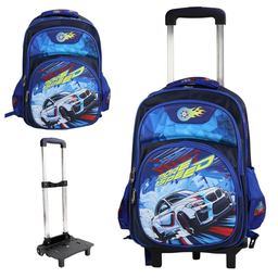 Mochila Escolar 2 em 1 de Rodinhas Removível Infantil Escola Azul Carro 3d Alto Relevo - 1