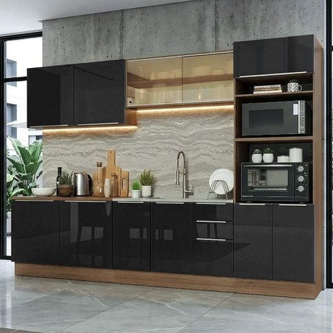 Armário de Cozinha Completa 310 Cm Rustic/preto Lux Madesa 04 Rustic/preto