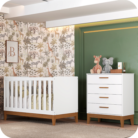 Quarto de Bebê Berço Americano + Cômoda Infantil 4g Branco Flip com Colchão