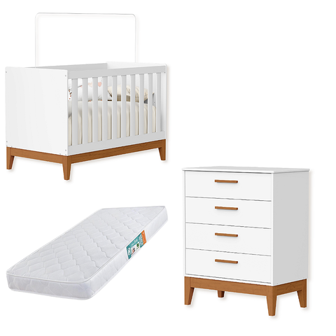 Quarto de Bebê Berço Americano + Cômoda Infantil 4g Branco Flip com Colchão