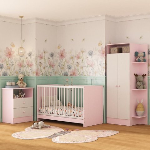 Jogo de Quarto Infantil Trevalla Móveis Pom Pom 3 Peças - Rosa/Branco