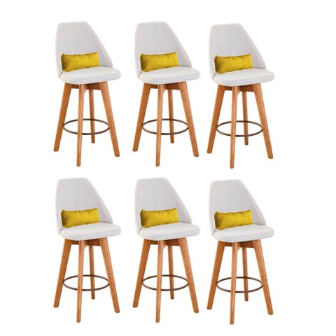 Kit 06 Banquetas Alta Maya Giratória Com Encosto Linho Bege Claro e Almofada Suede Amarelo - Gat