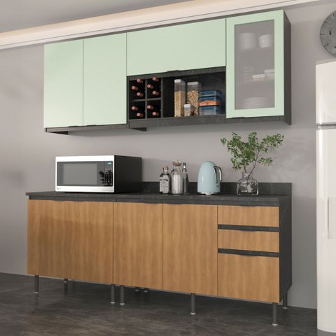 Cozinha Compacta Azaleia 8 Portas e 3 Gavetas com Divisor de Talheres Mármore Lunar/freijó/verde Mar