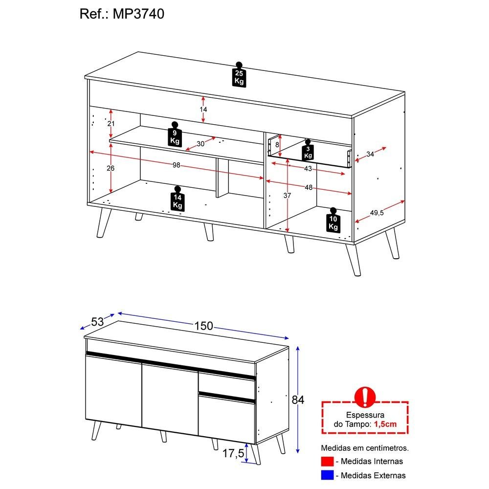 Balcão Cozinha Gabinete Pia 150 cm 3 Portas 1 Gaveta Veneza Multimóveis MP3740.964 Branco/Preto - 3