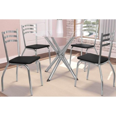 Sala de Jantar Completa Volga C- Tampo de Vidro 95x95cm e 4 Cadeiras Noruega Cromada - Preto -
