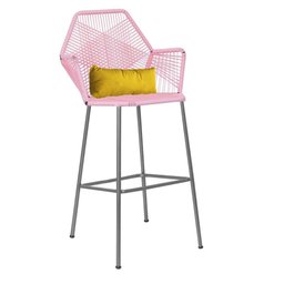 Kit 02 Banqueta Alta Com Encosto Sttar Balcão Ferro Prata Fibra Rosa Bebê Almofada Sintético Amarelo - 2
