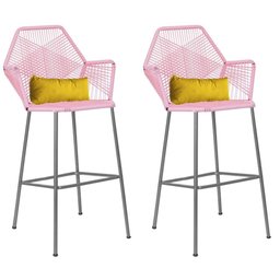 Kit 02 Banqueta Alta Com Encosto Sttar Balcão Ferro Prata Fibra Rosa Bebê Almofada Sintético Amarelo - 1