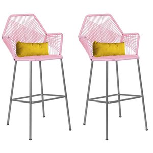 Kit 02 Banqueta Alta Com Encosto Sttar Balcão Ferro Prata Fibra Rosa Bebê Almofada Sintético Amarelo