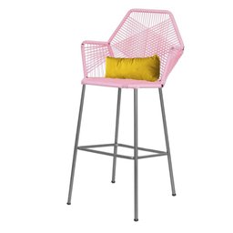 Kit 02 Banqueta Alta Com Encosto Sttar Balcão Ferro Prata Fibra Rosa Bebê Almofada Sintético Amarelo - 3