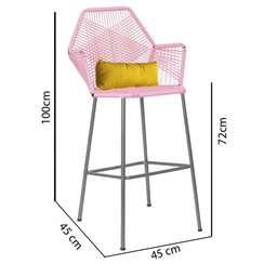 Kit 02 Banqueta Alta Com Encosto Sttar Balcão Ferro Prata Fibra Rosa Bebê Almofada Sintético Amarelo - 4