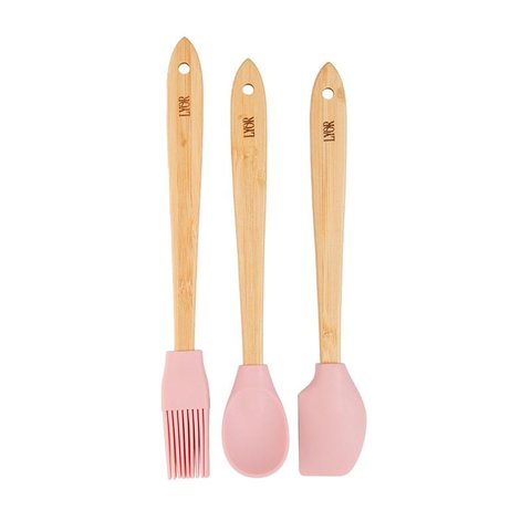 Conjunto Lyor 3 Utensilios Silicone com Cabo de Bambu Rosa