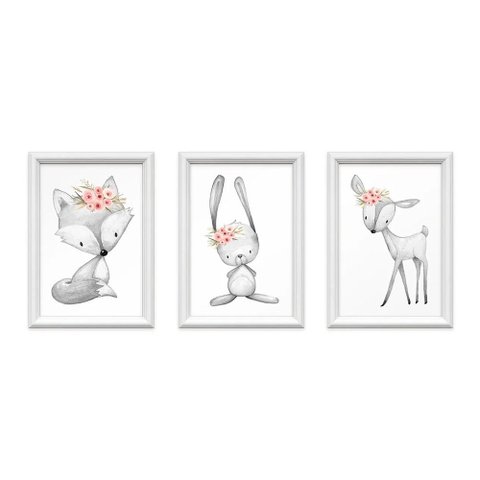 Kit 3 Quadros Decorativos Bichinhos e Flores 24x34cm MDF