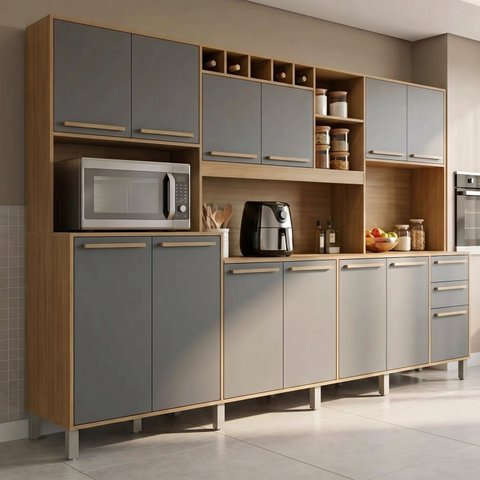Armário de Cozinha Compacta 13 Portas 2 Gavetas com Bancada e Nichos Cinamomo/Grafite Cinza Ágata