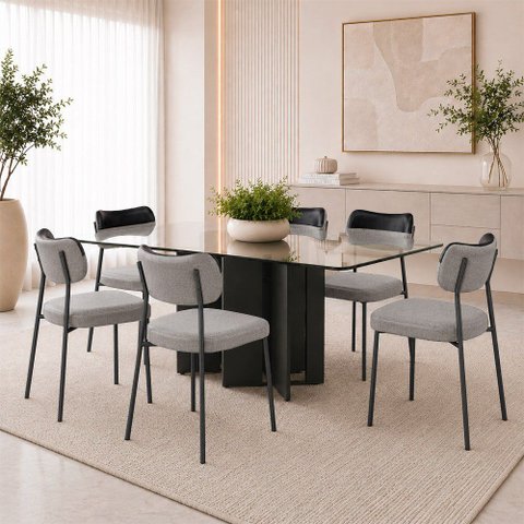Kit 6 Cadeiras Sala de Jantar Lisa Pés Preto Linho/PU Cinza/Preto m² - Monari Design