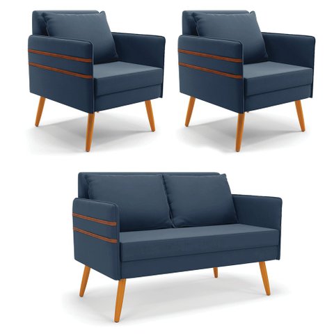 Kit 01 Namoradeira 02 Lugares e 02 Poltronas Mari Suede Pés Palito Castanho - D’Rossi Azul Ma