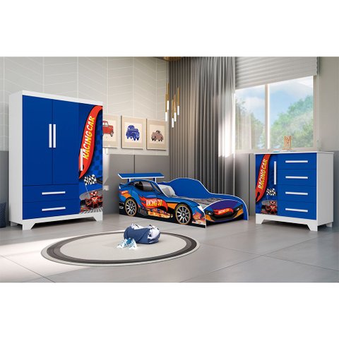 Quarto Infantil Completo 3 em 1 Gd Móveis Azul Cama Guarda Roupa Cômoda Menino para Criança