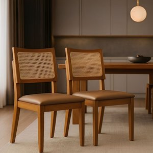 Kit 2 Cadeiras de Jantar Madeira Maciça Estofadas Couro com Tela Sextavada Premiere