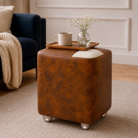 Puff Decorativo Urban Corino para Sala Quarto Hall de Entrada Compacto Assento Extra Peroba