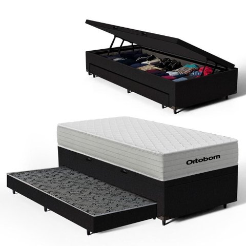 Cama Box Baú com Colchão de Molas Ensacadas Ortobom One Face Plenno Superpocket + Auxiliar de