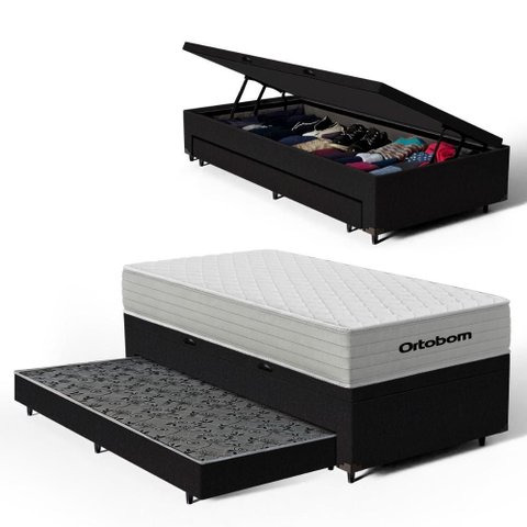 Cama Box Baú com Colchão de Molas Ensacadas Ortobom One Face Plenno Superpocket + Auxiliar de