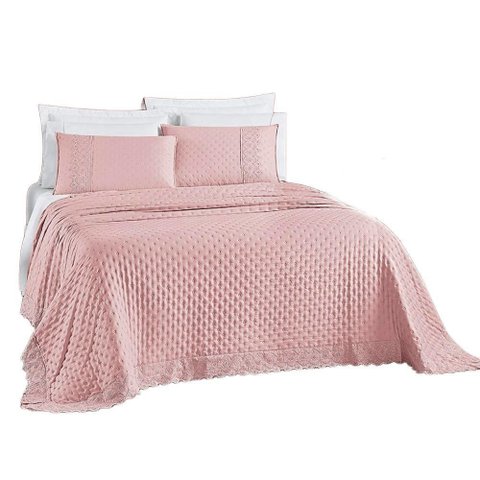 Kit Cobre Leito Colcha Nobre Casal Queen 3 Peças Micropercal 200 Fios Matelado - Sal Rosa