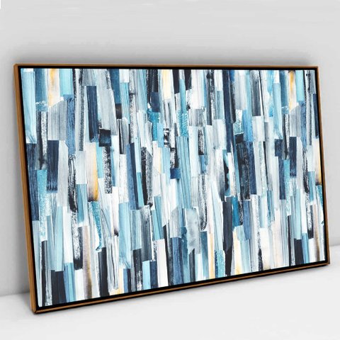 Quadro Decorativo em Canvas Abstrato Listras Multicoloridas e Azuladas TaColado Moldura Flutuante 4,