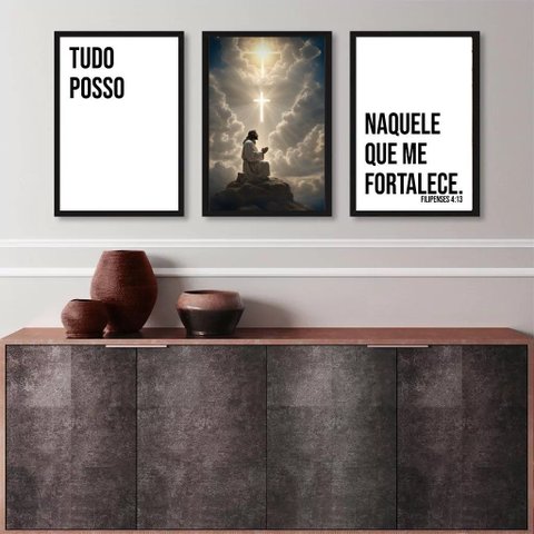 Kit 3 Quadros Evangélicos Tudo Posso Naquele que Me Fortalece 24x18cm - com Vidro:madeira Preta