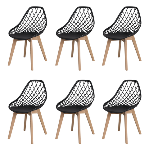 Conjunto 6 Cadeiras Kaila Pretas Polipropileno Base Wood para Sala de Jantar e Espaço Gourmet