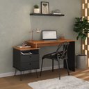 Ver imagem 1 de Kit Escrivaninha Mesa Escritório com Regulagem Estilo Plus 2 Gavetas 143,5cm com Prateleira Suspensa Preto/Freijó Artany
