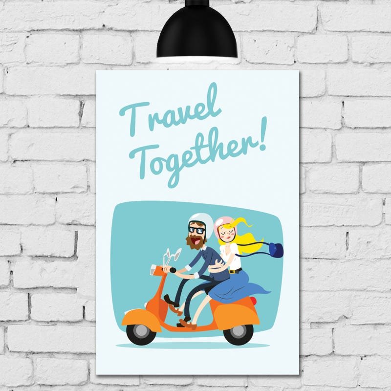 Placa Decorativa MDF Namorados na Moto Travel Together 30x40