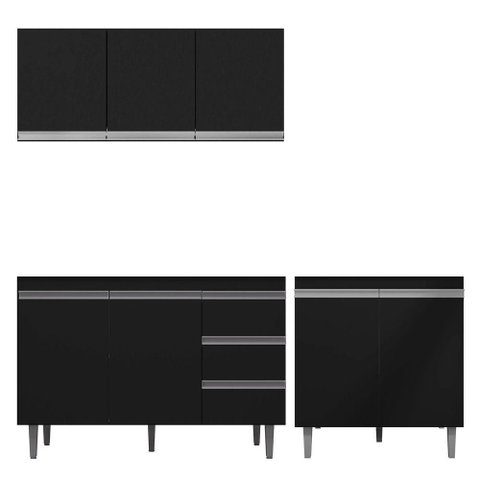 Cozinha 03pçs Aéreo 120cm Balcão Pia e Cooktop Preto