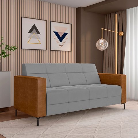 Sofá Living Decorativo Houston 2 Lugares 200cm Pés em Metal Veludo/ Pu Cinza/ Caramelo G33 - Gran Be