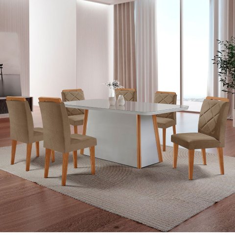 Mesa de Jantar Diane 180cm Tampo Mdf Vidro Canto Copo e 6 Cadeiras Melissa