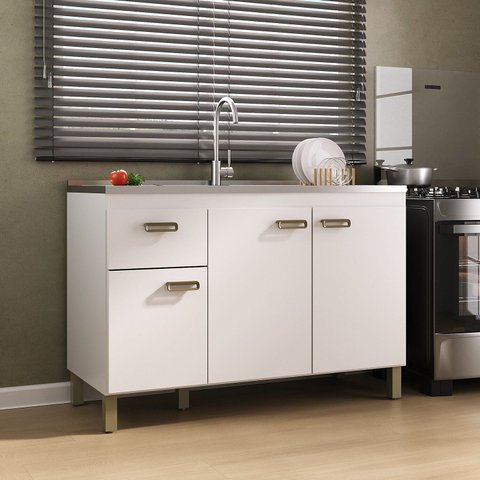 Balcão de 120cm para Pia em MDF 15cm 3 Portas e Uma Gaveta Branco