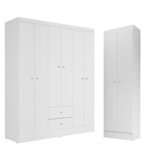 Guarda Roupa Solteiro Versa 6 Portas Branco Rosa Flex com Armário Multiuso Aura Branco - Kits Paraná