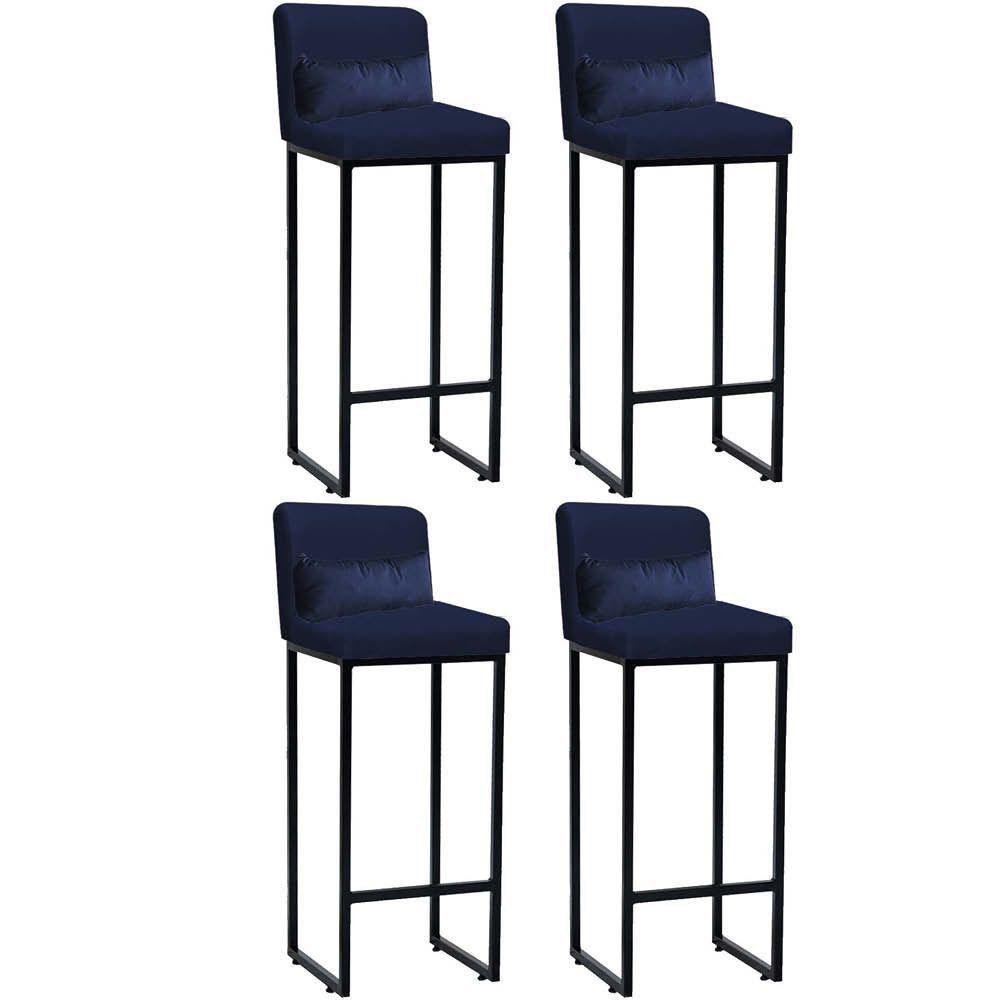 Kit 04 Banqueta Alta Industrial Ferro Preto Suede Azul Marinho E Almofada Azul Marinho - 1