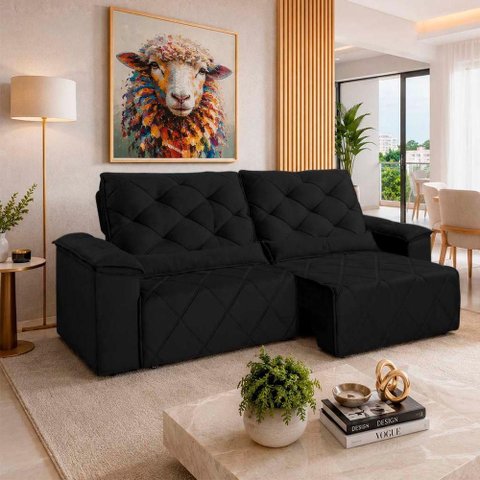 Sofá com Chaise Sirius 2 Lugares Retrátil e Reclinável 290cm Preto