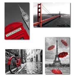 Placa Decorativa MDF Cidades Detalhe Vermelho Kit 4un 30x40 - 6